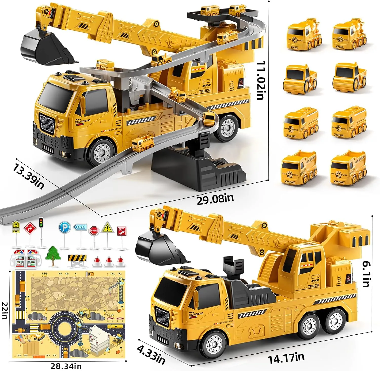 TEMI Engineering Crane, Kids Construction Truck Toys for 3 4 5 6 7 Years Old - Car Race Tracks, Excavator, Boy Toys for 3-5 Year Old Toddlers, Gifts Toys for Boys and Girls Aged 4-6, Outdoor Playset