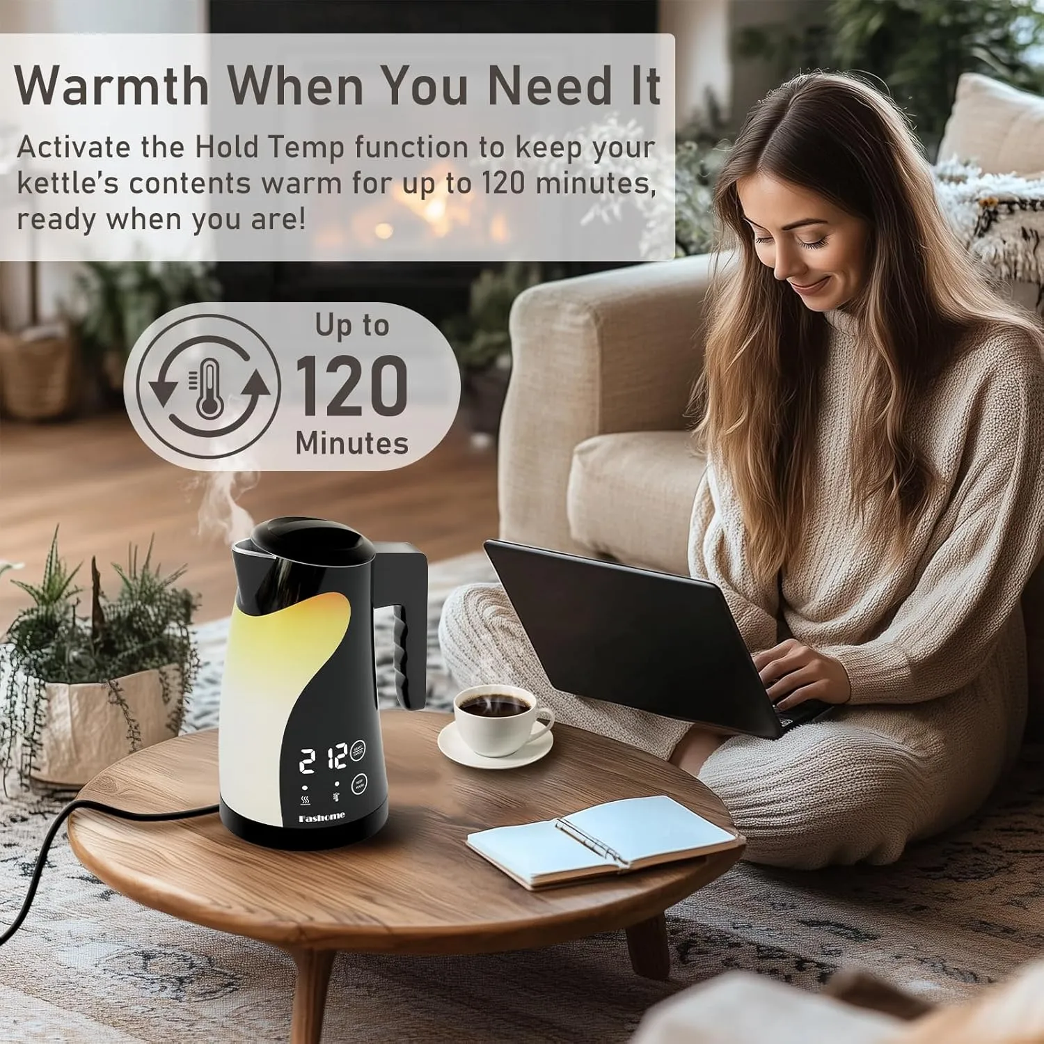 Temperature Control Electric Kettle, 5 Temp Presets, 2H Keep Warm, Cool-Touch Design with Auto Shut-Off, 1.25L Stainless Steel, Adjustable Temperature Control, 360° Rotating Base, (Black)