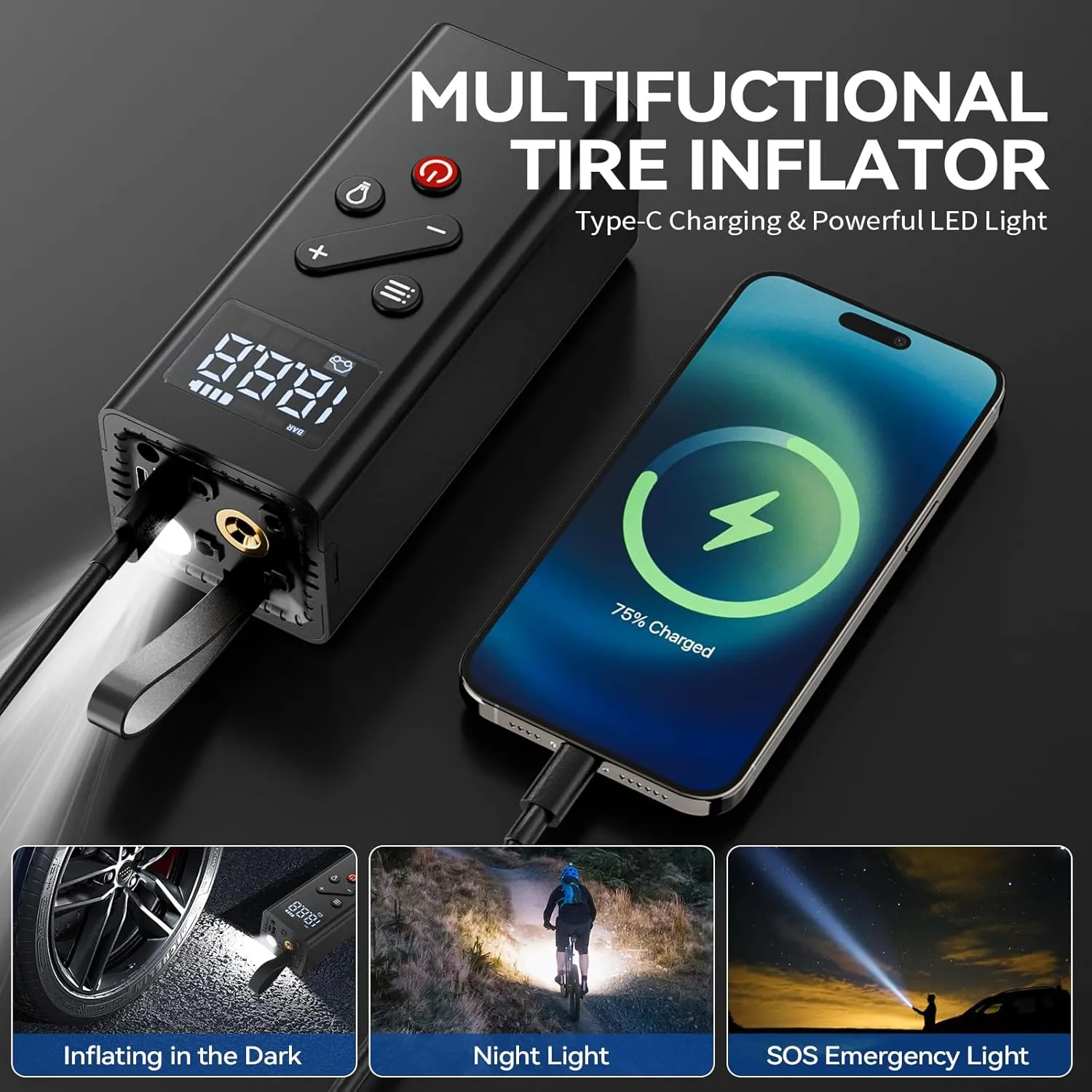 Tire Inflator Portable Air Compressor, 150PSI Cordless Air Pump with Digital Pressure Gauge 12V Electric Mini Tire Pump for Car Tires Motorcycle Bicycle Bike Balls