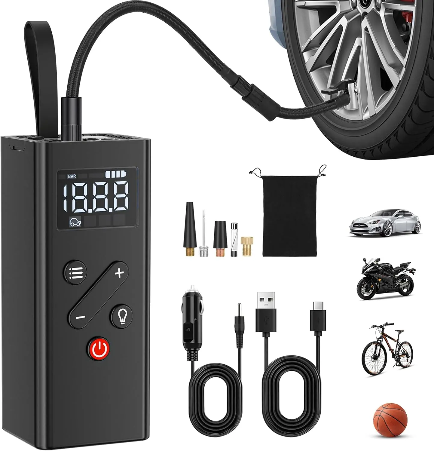 Tire Inflator Portable Air Compressor, 150PSI Cordless Air Pump with Digital Pressure Gauge 12V Electric Mini Tire Pump for Car Tires Motorcycle Bicycle Bike Balls