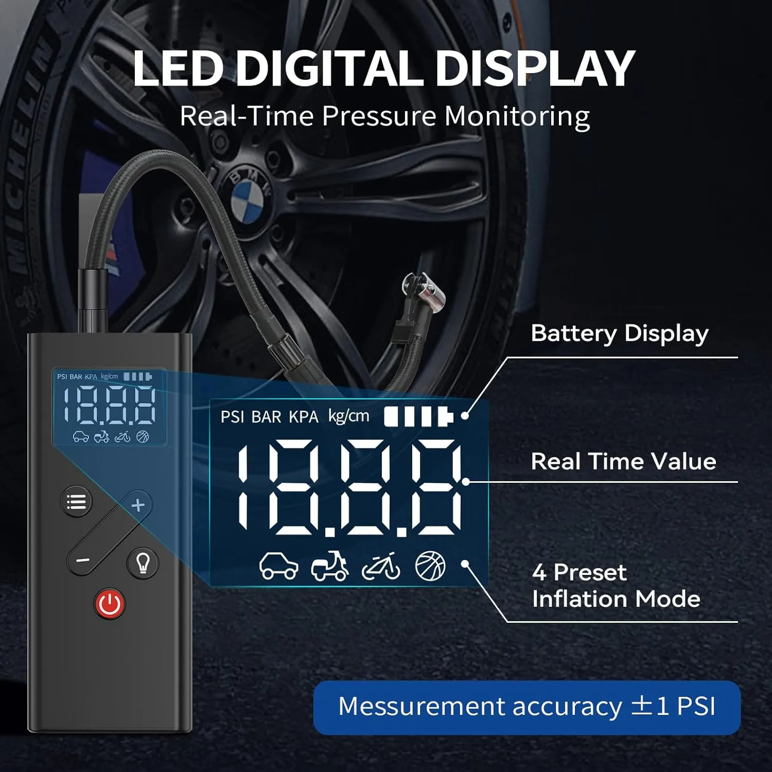 Tire Inflator Portable Air Compressor, 150PSI Cordless Air Pump with Digital Pressure Gauge 12V Electric Mini Tire Pump for Car Tires Motorcycle Bicycle Bike Balls