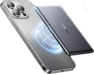 TORRAS MiniMag Power Bank, Ultra Slim 5,000mAh Wireless Portable Charger with USB-C Cable, Fast Charging Magnetic Battery Pack, Magsafe-Compatible for iPhone 16/15/14/13/12, Glacier Gray