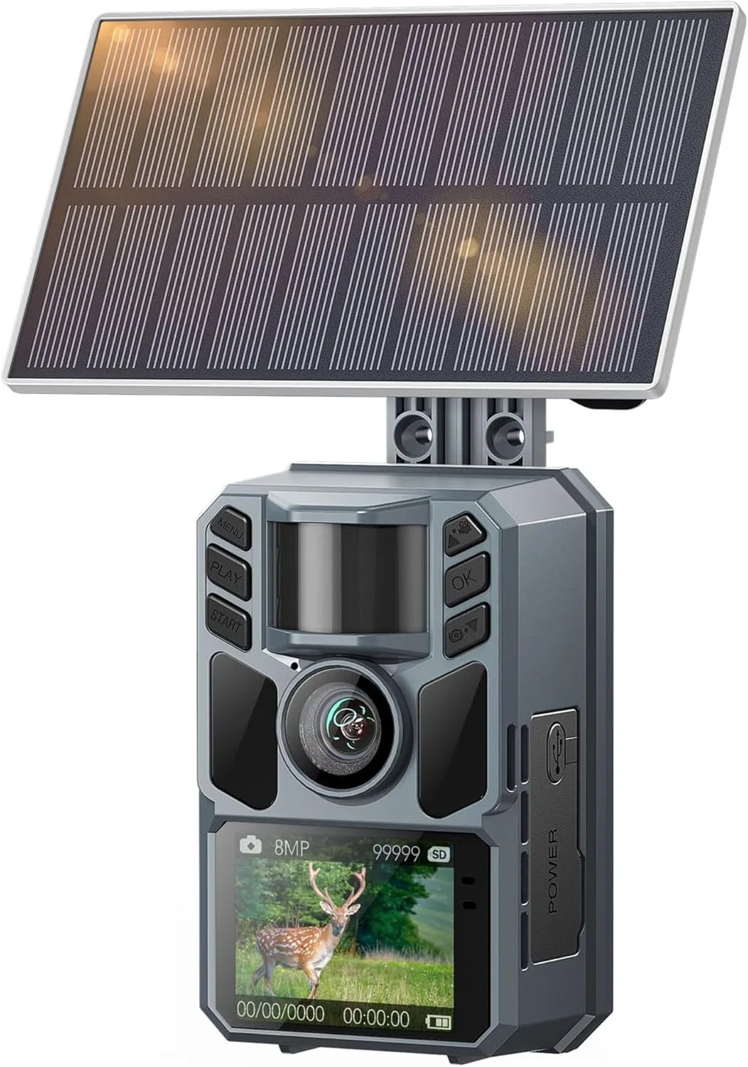 Trail Camera 4K 64MP with 5000mAh Rechargeable Battery 64GB Micro Memory Card IP67 Waterproof, Night Vision, Motion Activated, Solar Powered Wildlife Hunting Camera for Outdoor