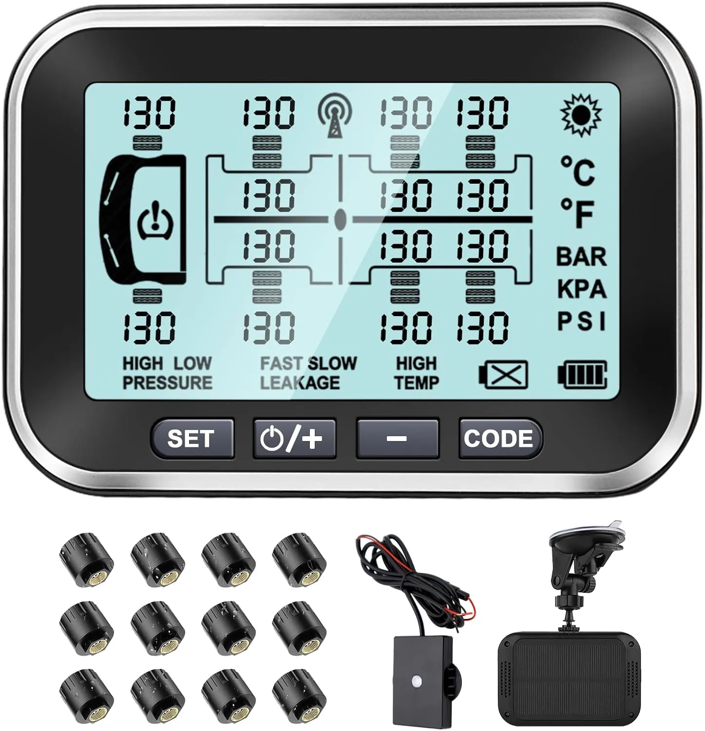 Trailer Tire Pressure Monitoring System 0-199PSI,4.5" XL Solar Monitor with 12 Sensors, 6 Alerts,Signal Booster, Long Sensing Distance,RV TPMS for Semi Truck/Camper/Motorhome (4-14 Sensors)