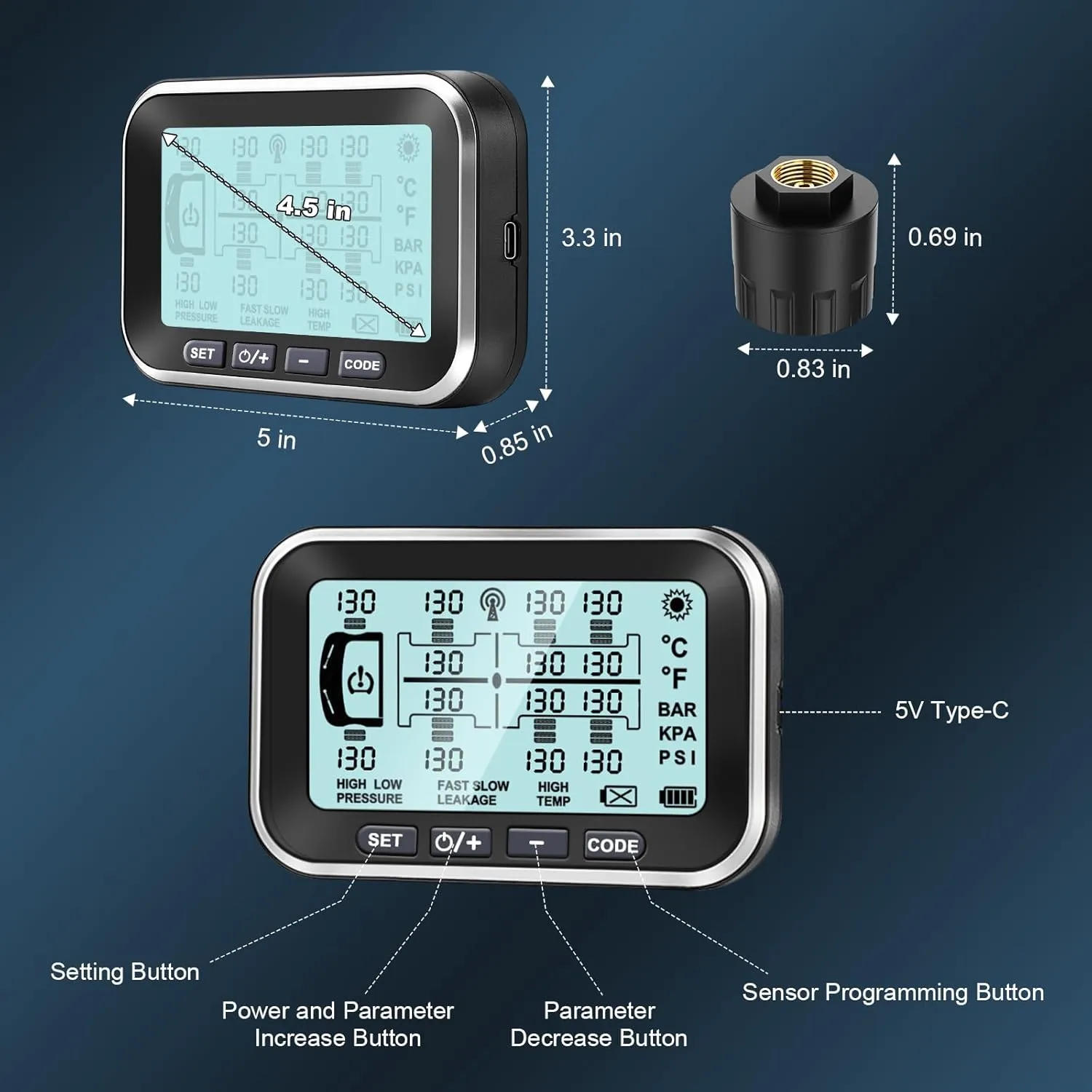 Trailer Tire Pressure Monitoring System 0-199PSI,4.5" XL Solar Monitor with 12 Sensors, 6 Alerts,Signal Booster, Long Sensing Distance,RV TPMS for Semi Truck/Camper/Motorhome (4-14 Sensors)