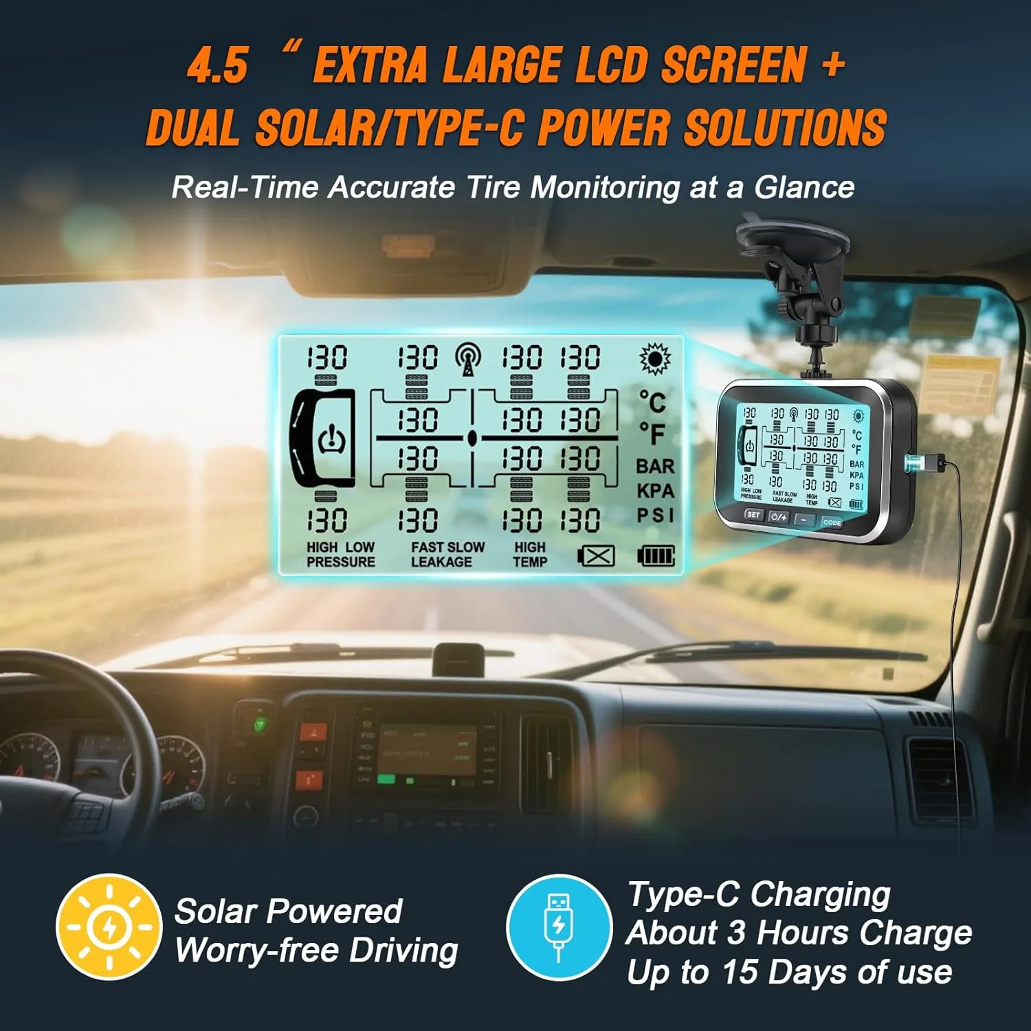 Trailer Tire Pressure Monitoring System 0-199PSI,4.5" XL Solar Monitor with 12 Sensors, 6 Alerts,Signal Booster, Long Sensing Distance,RV TPMS for Semi Truck/Camper/Motorhome (4-14 Sensors)