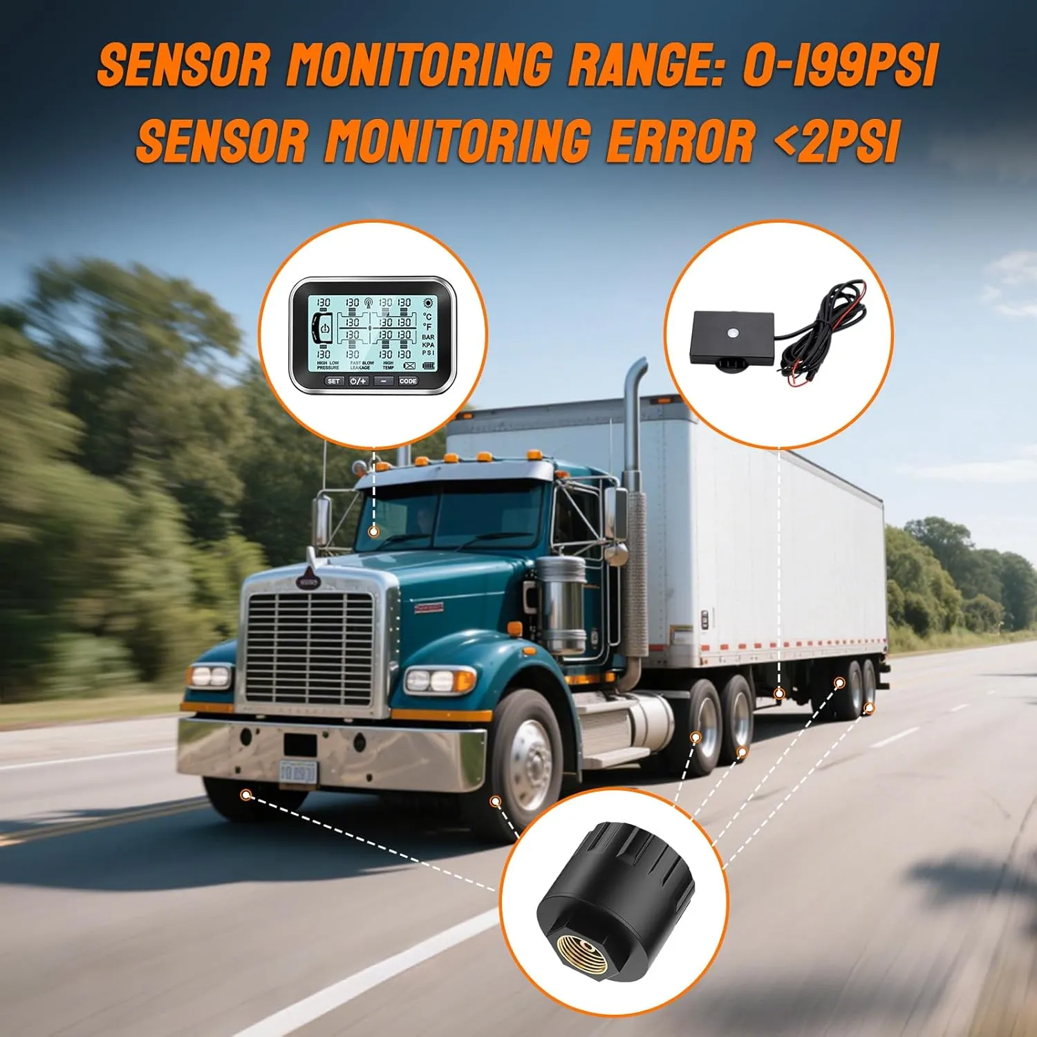 Trailer Tire Pressure Monitoring System 0-199PSI,4.5" XL Solar Monitor with 12 Sensors, 6 Alerts,Signal Booster, Long Sensing Distance,RV TPMS for Semi Truck/Camper/Motorhome (4-14 Sensors)