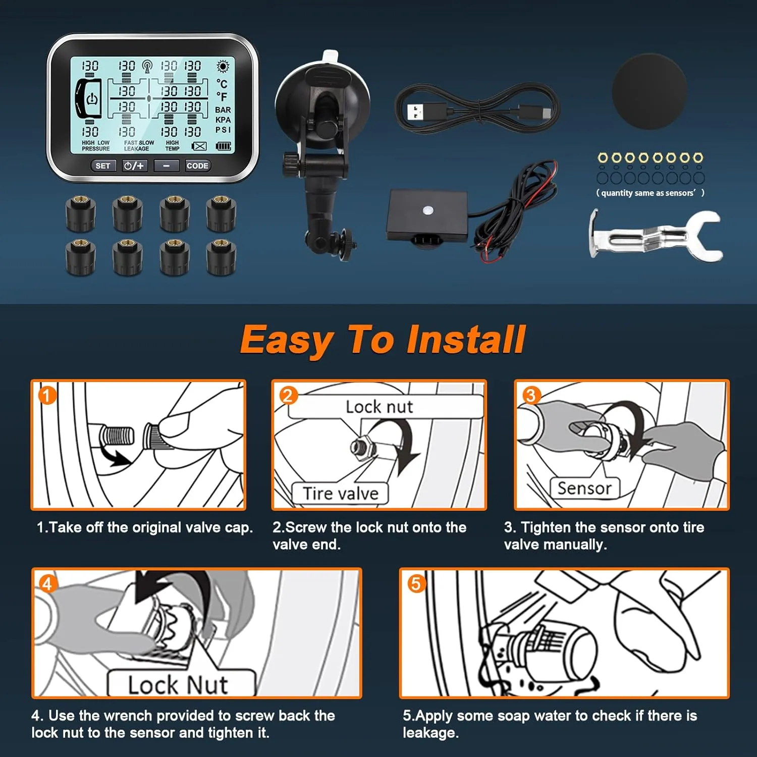 Trailer Tire Pressure Monitoring System 0-199PSI,4.5" XL Solar Monitor with 12 Sensors, 6 Alerts,Signal Booster, Long Sensing Distance,RV TPMS for Semi Truck/Camper/Motorhome (4-14 Sensors)