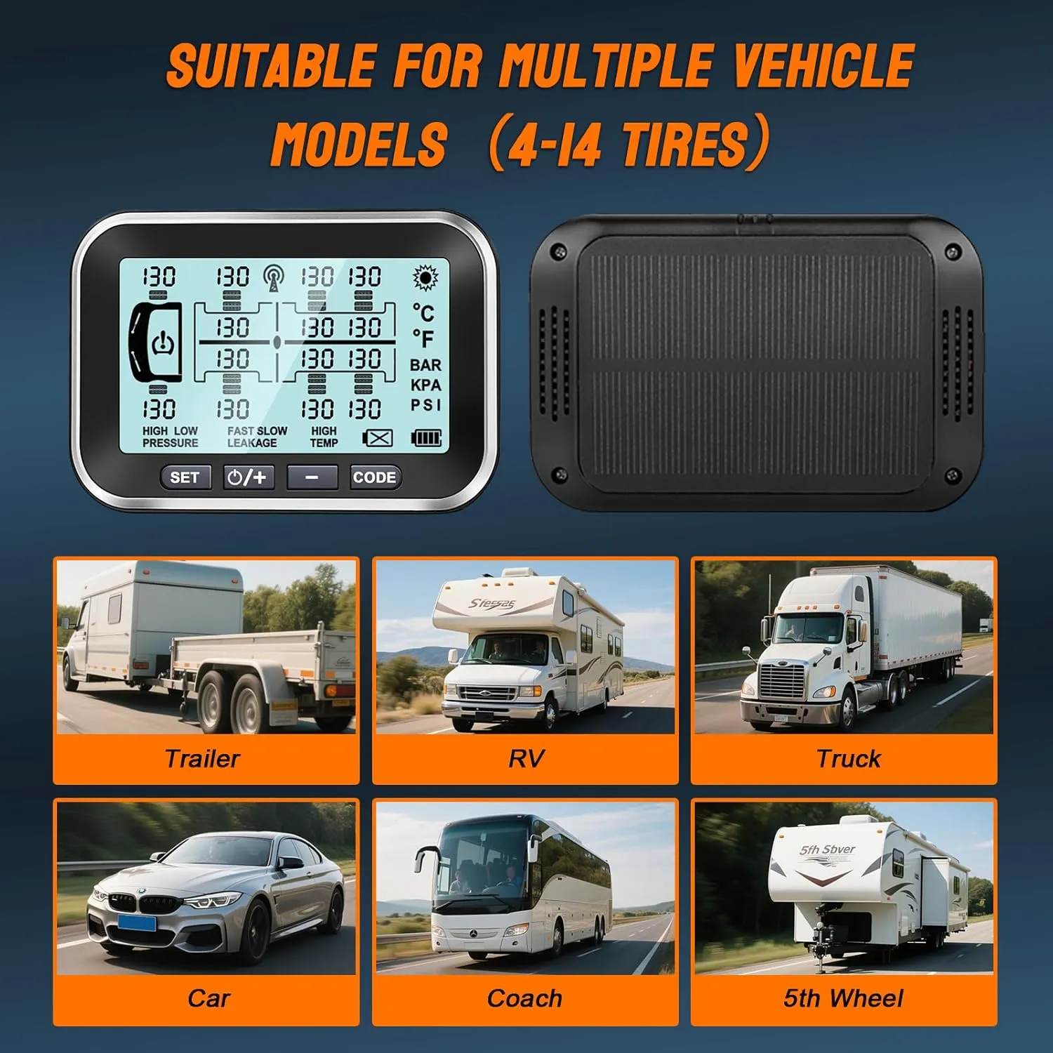 Trailer Tire Pressure Monitoring System 0-199PSI,4.5" XL Solar Monitor with 12 Sensors, 6 Alerts,Signal Booster, Long Sensing Distance,RV TPMS for Semi Truck/Camper/Motorhome (4-14 Sensors)