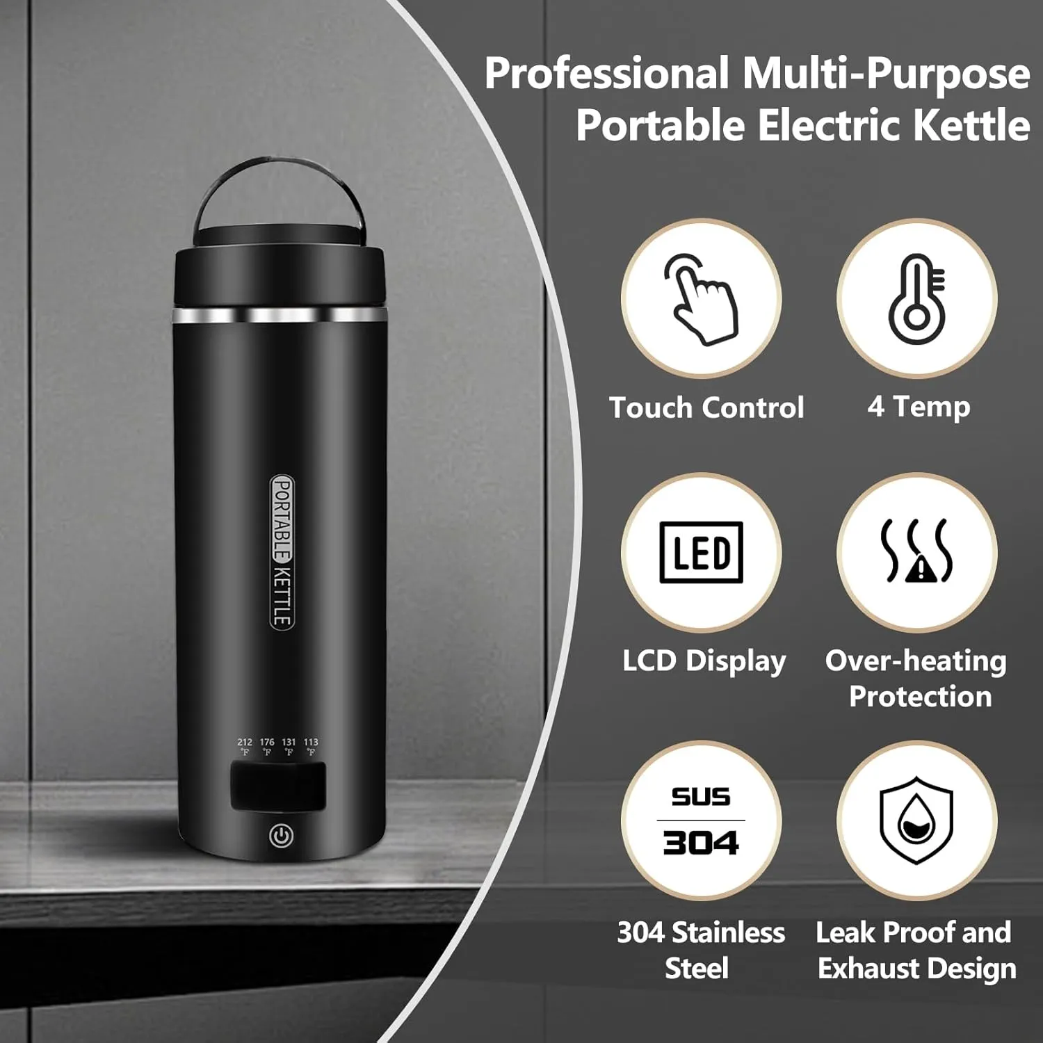 Travel Kettle 16oz/450ml Small Tea Kettle Coffee Mini Portable Electric Kettle with 4 Temperature Settings, Plug in 304 Stainless Steel Mini Travel Electric Kettle with Auto Shut-off(Black)