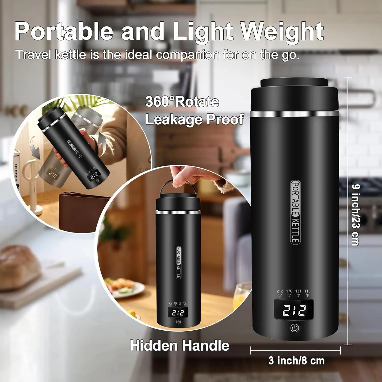 Travel Kettle 16oz/450ml Small Tea Kettle Coffee Mini Portable Electric Kettle with 4 Temperature Settings, Plug in 304 Stainless Steel Mini Travel Electric Kettle with Auto Shut-off(Black)