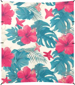 Tropical Leaves Red Hibiscus Flowers Starfish Hawaiian Style Beach Tent & Canopy UPF50  Easy Setup Sun Shelter with Sturdy Poles, Sandbags and Shovel for Camping, Fishing, Backyard Fun