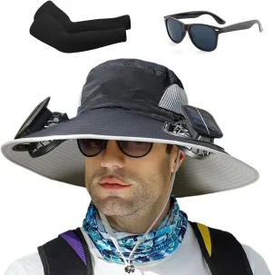 Ultralight Hat with Fans Solar Power, Outdoor Wide Brim Sun Hat with 2 Solar Fan, Removable USB Charging Fan