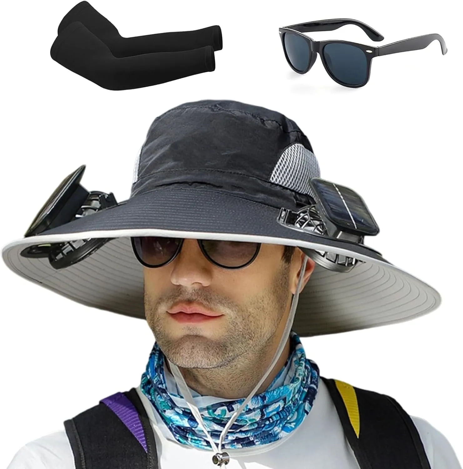 Ultralight Hat with Fans Solar Power, Outdoor Wide Brim Sun Hat with 2 Solar Fan, Removable USB Charging Fan
