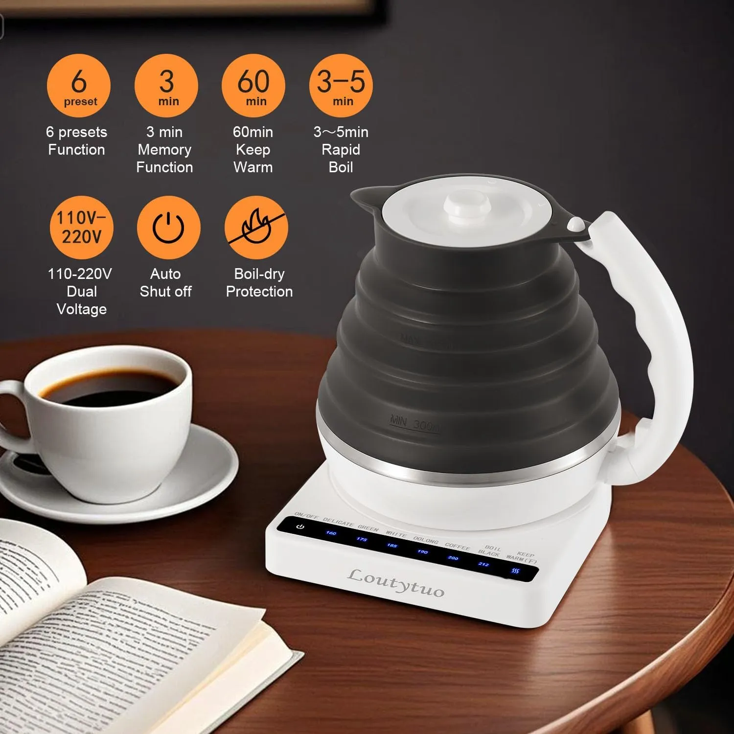 Ultrathin Food Grade Silicone Travel Foldable Electric Kettle Variable Temperature Control with Dual Voltage, Auto Shutoff & Boil Dry Protection & Keep Warm, 555ML 110-220V US Plug (Black)