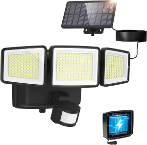 UME Hybrid Solar and Battery Powered Motion Sensor Outdoor Lights, 302 LED 1800LM, IP65 Waterproof, 3-Head Motion Activated LED Flood Lights, Energy Efficient Hybrid Security Light for Garden, Patio