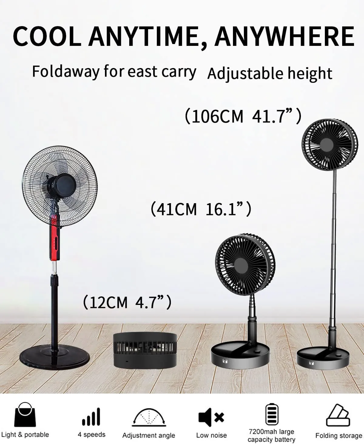 UN UNITEDTIME Portable fan, My Foldaway Travel fan with remote Control Timer, Battery Operated or USB Powered,Adjustable Height Foldable, 4 Speed Settings (Black)