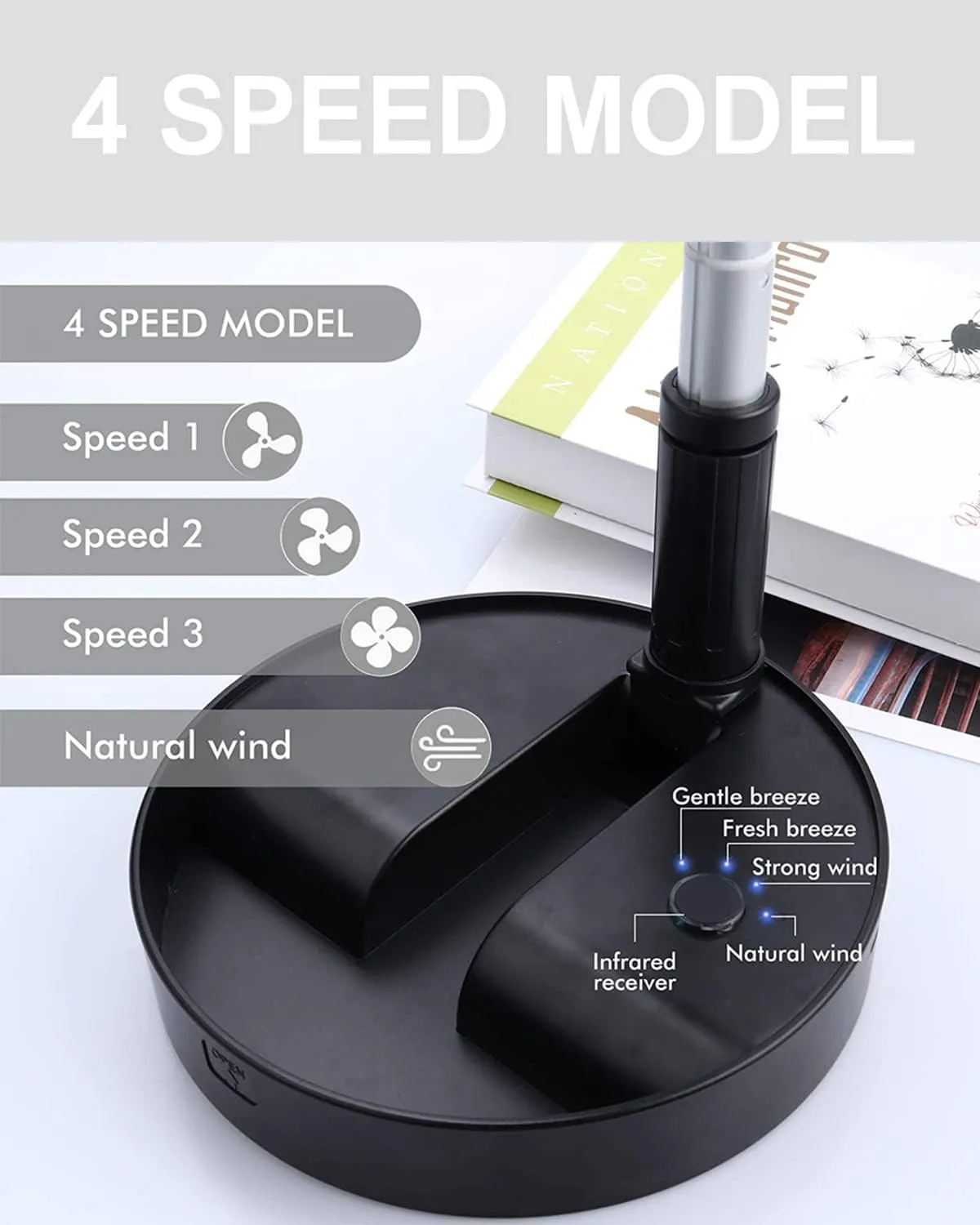 UN UNITEDTIME Portable fan, My Foldaway Travel fan with remote Control Timer, Battery Operated or USB Powered,Adjustable Height Foldable, 4 Speed Settings (Black)