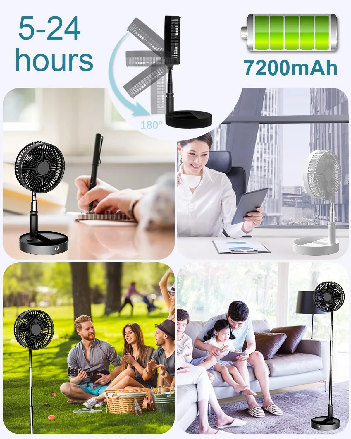 UN UNITEDTIME Portable fan, My Foldaway Travel fan with remote Control Timer, Battery Operated or USB Powered,Adjustable Height Foldable, 4 Speed Settings (Black)