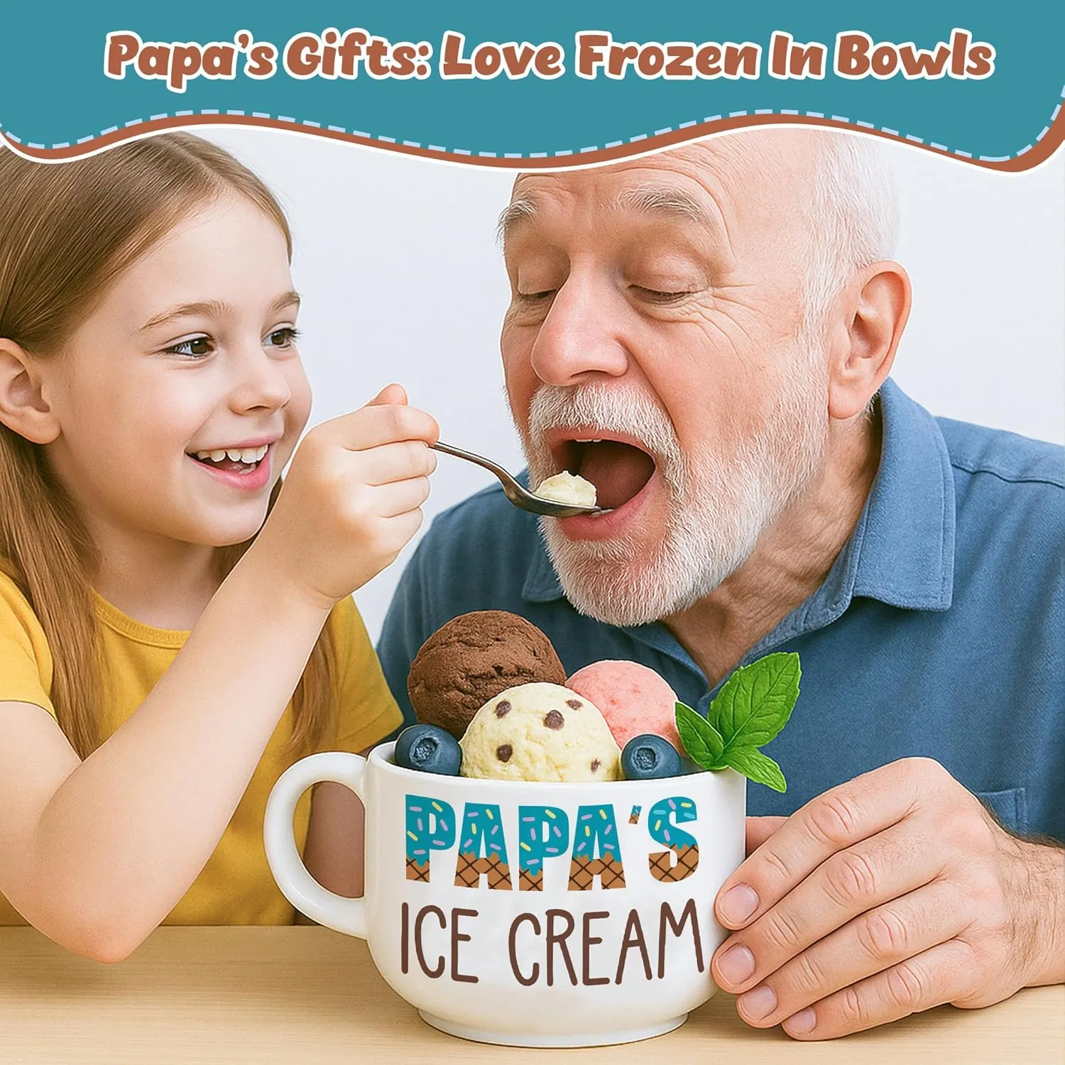 Unique Fathers Day Papa Gifts, Cool Papa Birthday Gifts from Grandkids Granddaughter, Novelty Presents Ideas Papa's Ice Cream Ceramic Bowl with Shovel Spoon Set