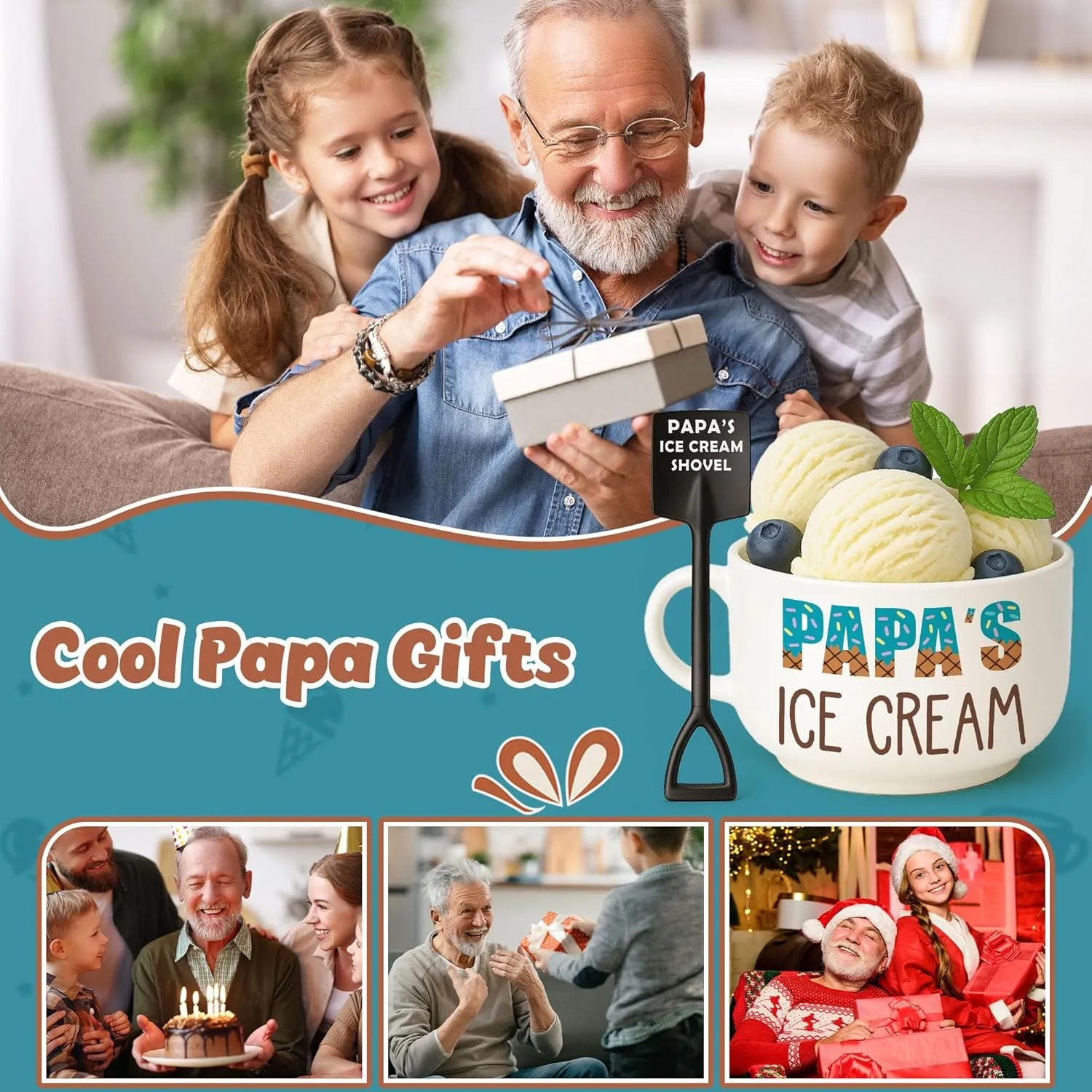 Unique Fathers Day Papa Gifts, Cool Papa Birthday Gifts from Grandkids Granddaughter, Novelty Presents Ideas Papa's Ice Cream Ceramic Bowl with Shovel Spoon Set