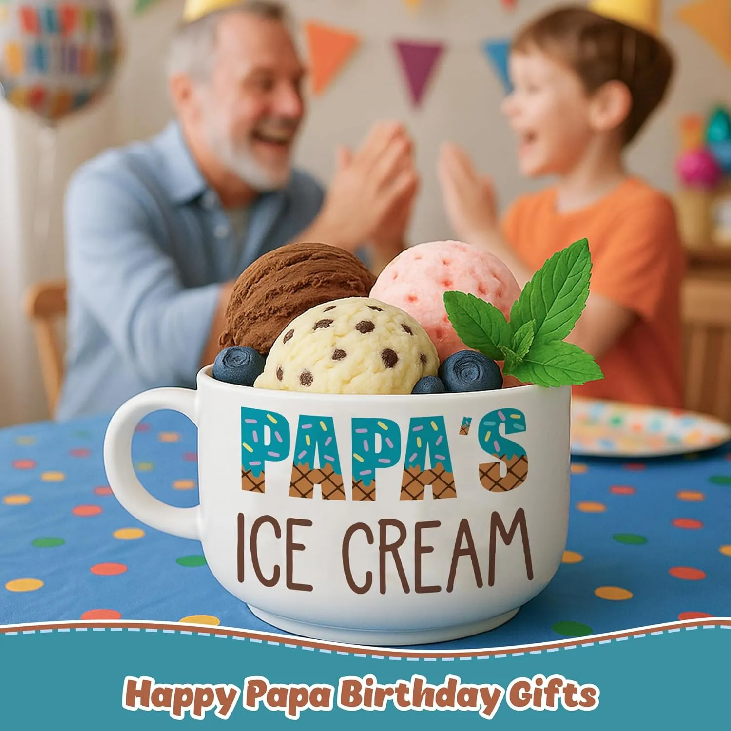 Unique Fathers Day Papa Gifts, Cool Papa Birthday Gifts from Grandkids Granddaughter, Novelty Presents Ideas Papa's Ice Cream Ceramic Bowl with Shovel Spoon Set