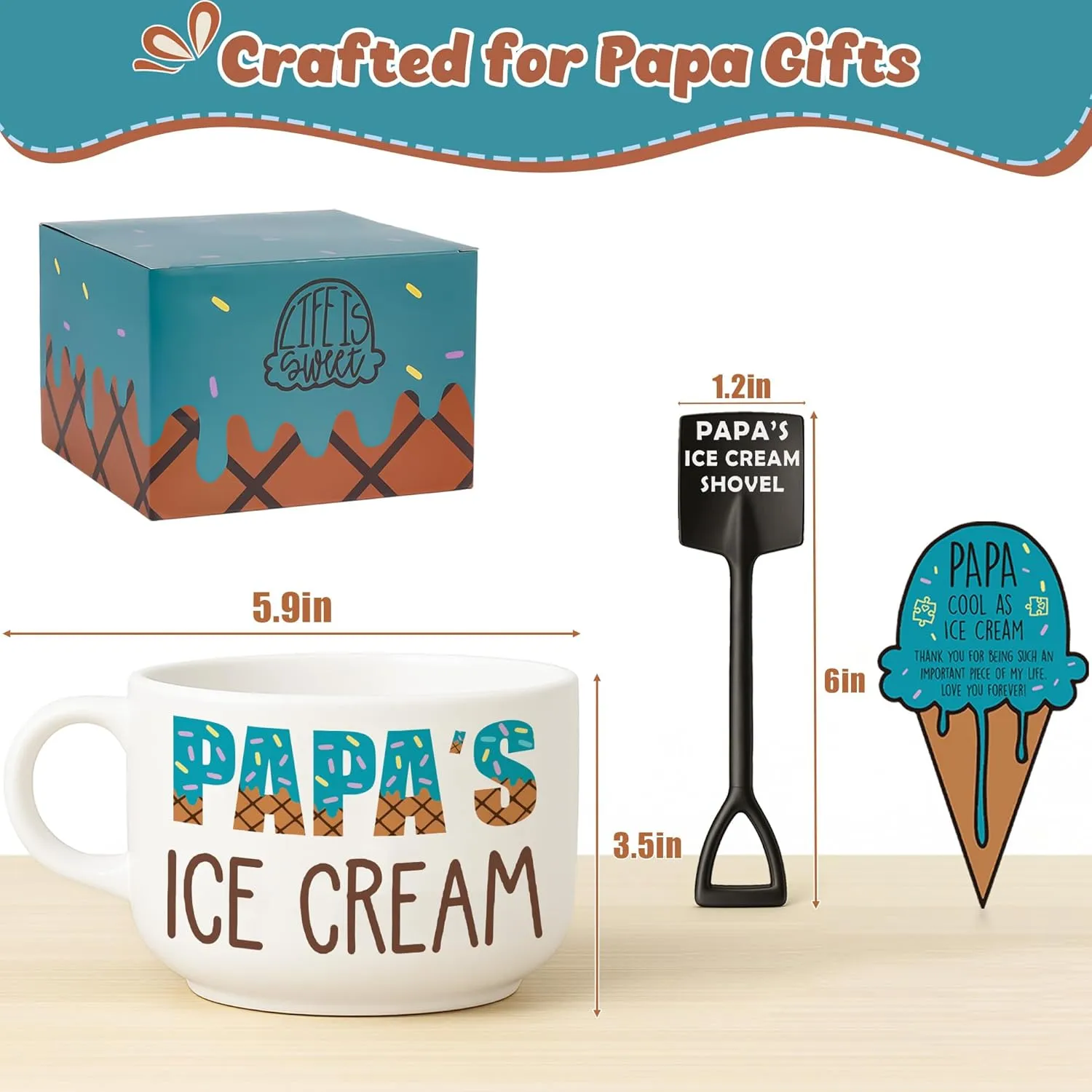 Unique Fathers Day Papa Gifts, Cool Papa Birthday Gifts from Grandkids Granddaughter, Novelty Presents Ideas Papa's Ice Cream Ceramic Bowl with Shovel Spoon Set