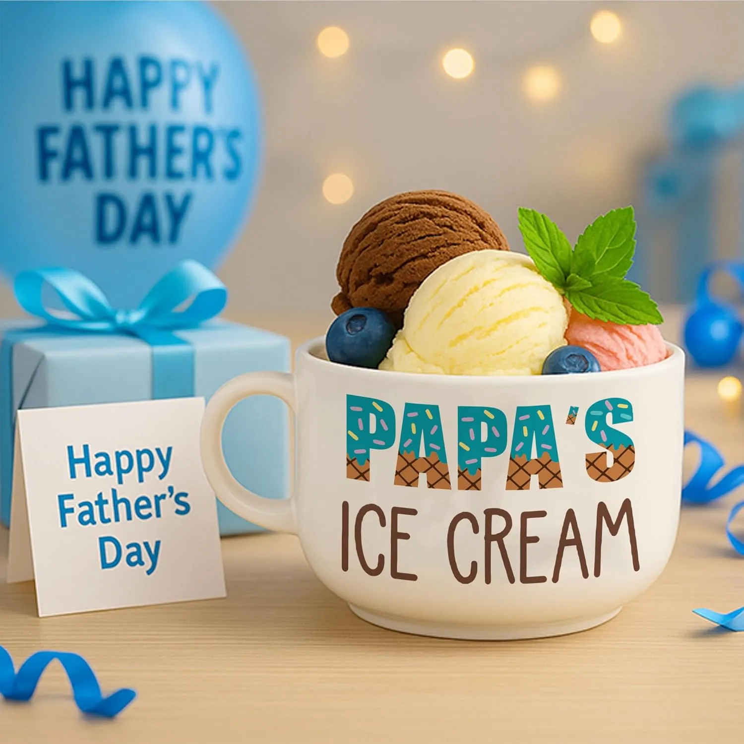 Unique Fathers Day Papa Gifts, Cool Papa Birthday Gifts from Grandkids Granddaughter, Novelty Presents Ideas Papa's Ice Cream Ceramic Bowl with Shovel Spoon Set