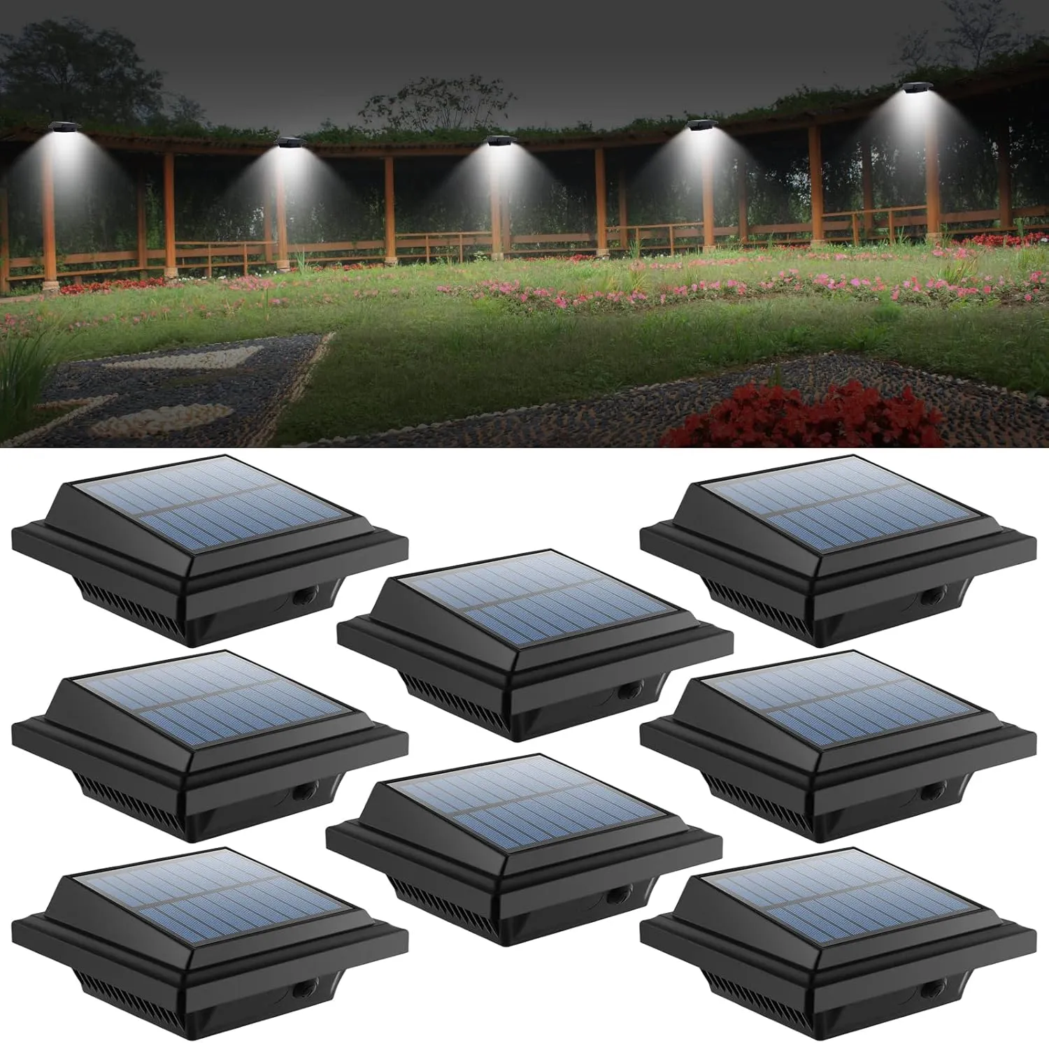 UniqueFire Solar Gutter Lights - 40 LED Outdoor Fence Lights, Waterproof Security Lamps for Eaves, Garden, Landscape, Walkway (8PCS Black & Cold White)