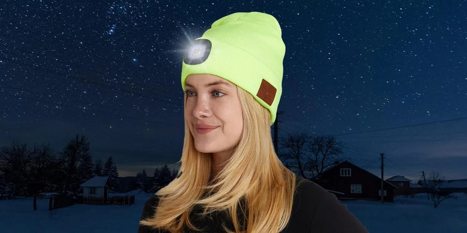 Unisex LED Bluetooth Beanie - LED Headlight and Wireless Stereo Headphones Compatible with All Bluetooth Devices