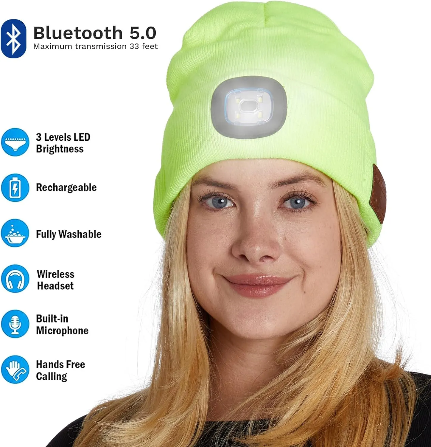 Unisex LED Bluetooth Beanie - LED Headlight and Wireless Stereo Headphones Compatible with All Bluetooth Devices
