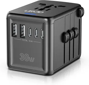 Universal Travel Adapter Offers 6.0A 3X 3.0A USB-C Ports, 2X 2.4A USB-A Ports and Multi AC Outlet, All-in-One International Power Plug Adaptor Worldwide Charger for EU US UK AU 200  Countries