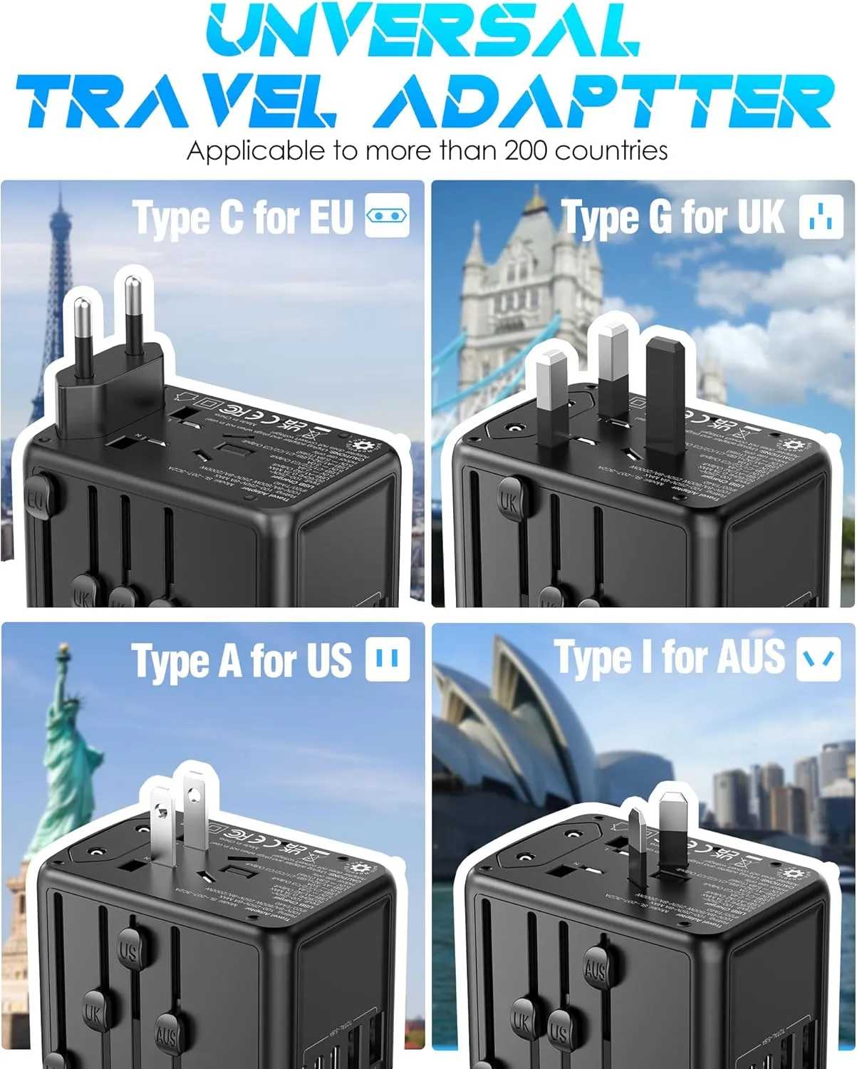 Universal Travel Adapter Offers 6.0A 3X 3.0A USB-C Ports, 2X 2.4A USB-A Ports and Multi AC Outlet, All-in-One International Power Plug Adaptor Worldwide Charger for EU US UK AU 200  Countries