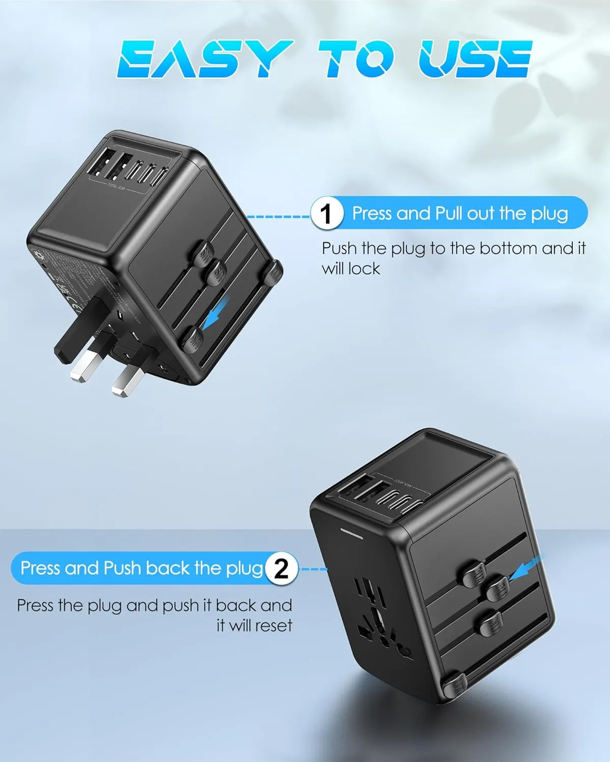 Universal Travel Adapter Offers 6.0A 3X 3.0A USB-C Ports, 2X 2.4A USB-A Ports and Multi AC Outlet, All-in-One International Power Plug Adaptor Worldwide Charger for EU US UK AU 200  Countries