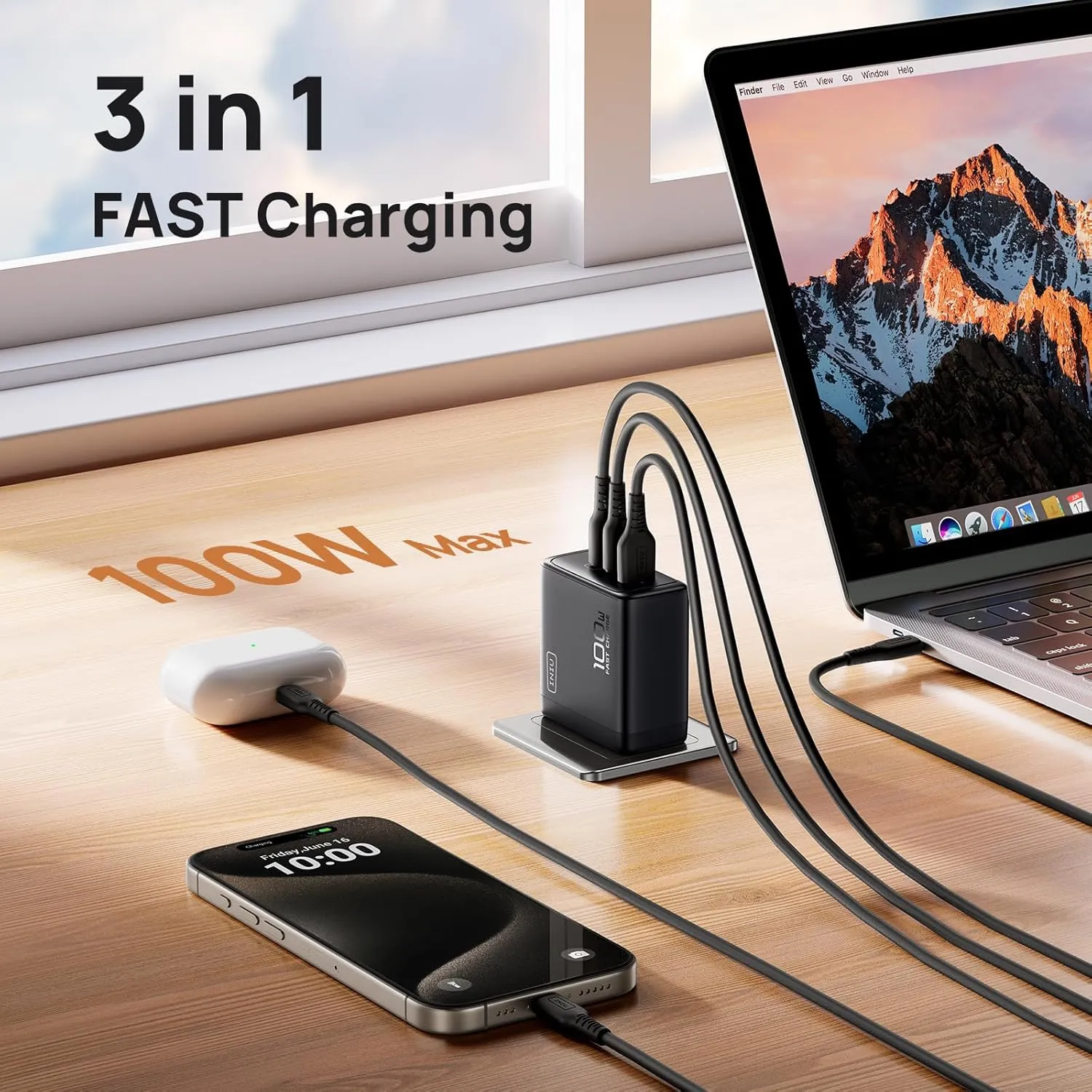 USB C Charger, INIU 3-Port 100W GaN Charger, Compact Foldable PD PPS USB C Wall Charger Block for MacBook Pro/Air, iPad Pro, Galaxy S23, Dell XPS 13, Note 20/10 , iPhone 16/15, Steam Deck, White