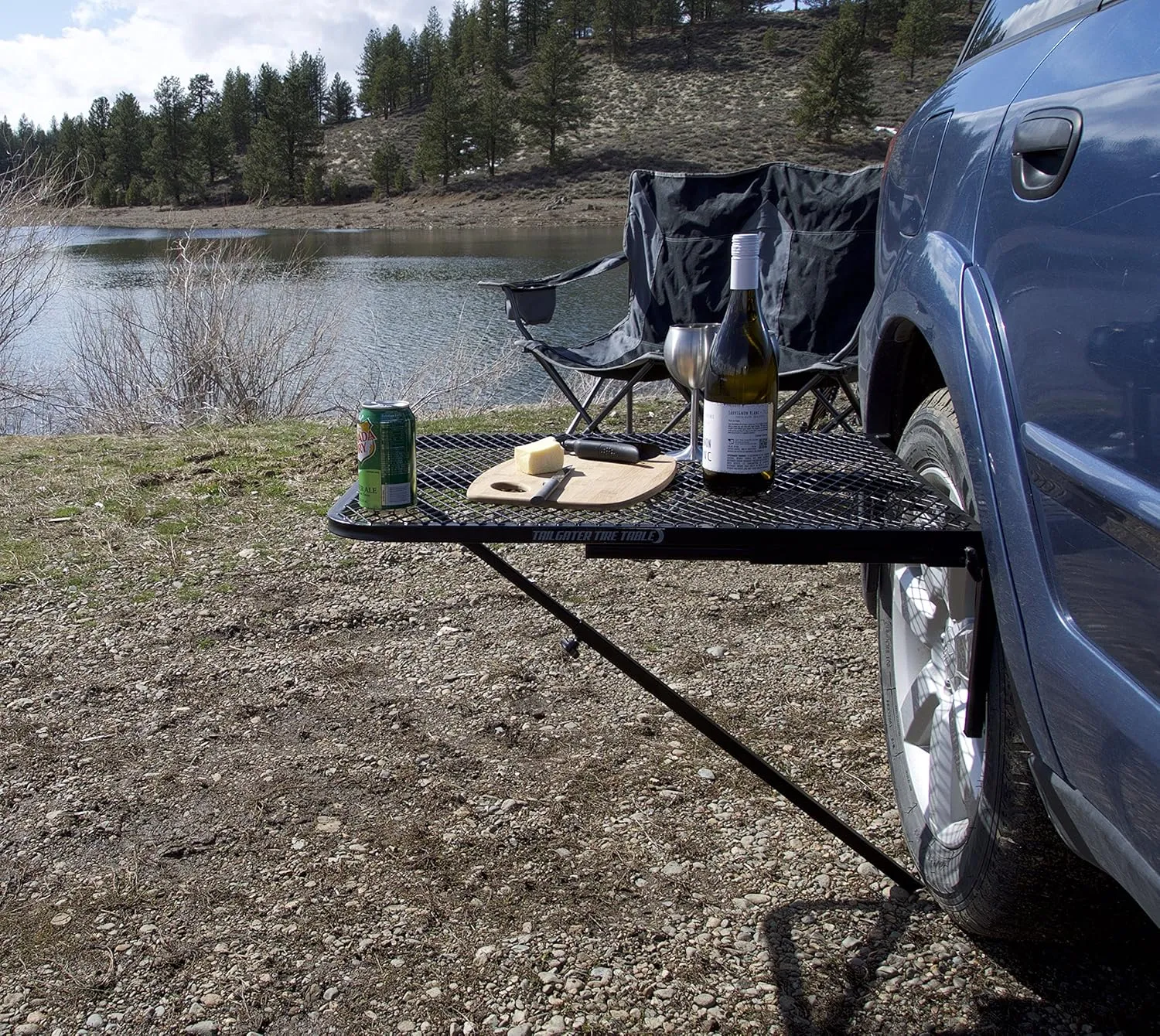 Vehicle Tire-Mounted Steel Camping, Travel, Tailgating and Outdoor Work Table, Black (Steel) , 29 x 23 x 1.5"