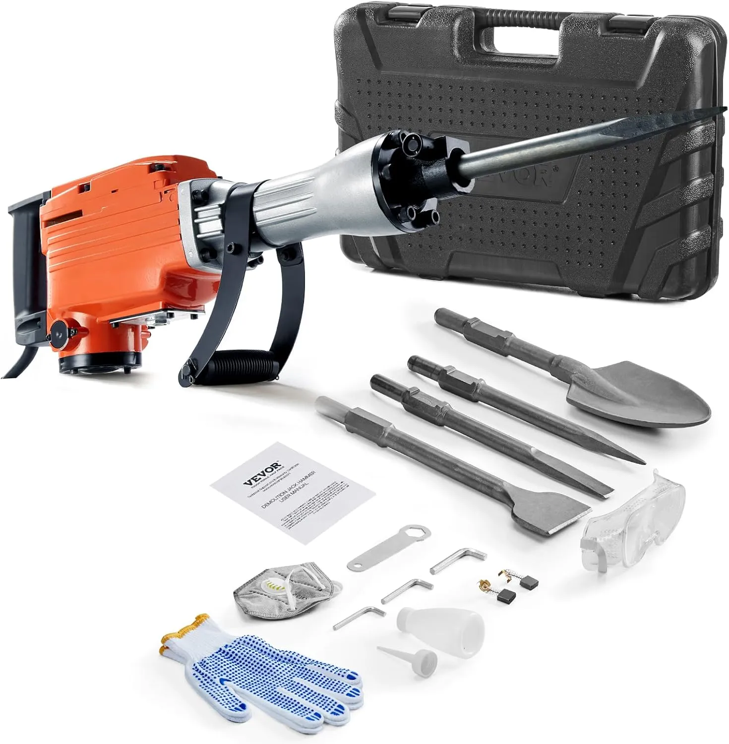 VEVOR Demolition Jack Hammer, MAX 2200W Electric Jackhammer Heavy Duty, 1350 BPM Concrete Breaker 4pcs Chisels Bit Chipping W/Case, Gloves