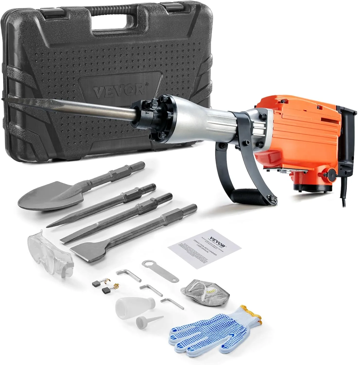 VEVOR Demolition Jack Hammer, MAX 2200W Electric Jackhammer Heavy Duty, 1350 BPM Concrete Breaker 4pcs Chisels Bit Chipping W/Case, Gloves