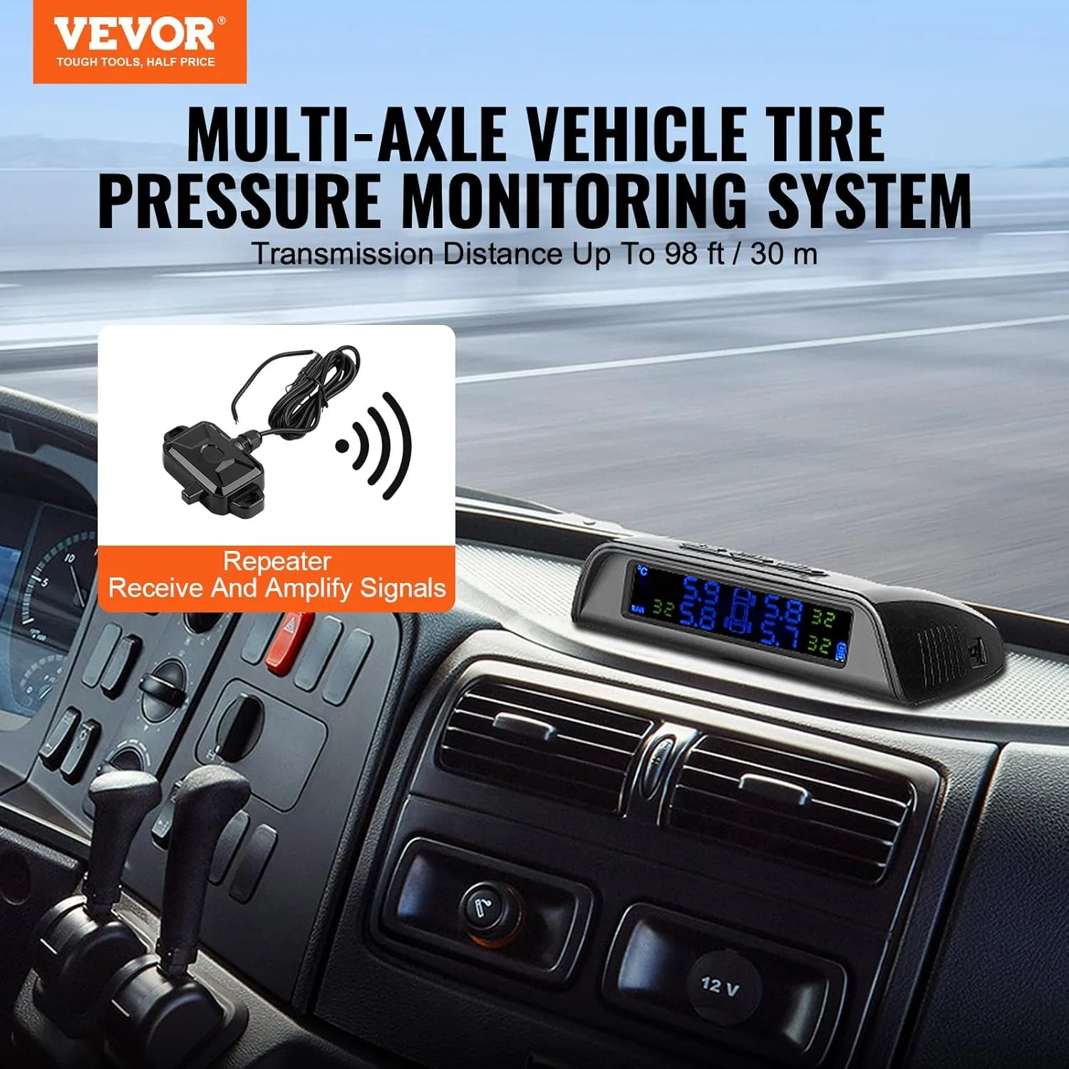 VEVOR RV Tire Pressure Monitoring System, 7.3-116 PSI Trailer TPMS 6 Tire with 6 Sensors, 5 Alarm Modes, Waterproof TPMS Sensors Set Solar Charge, and Real-time Display, Signal Booster