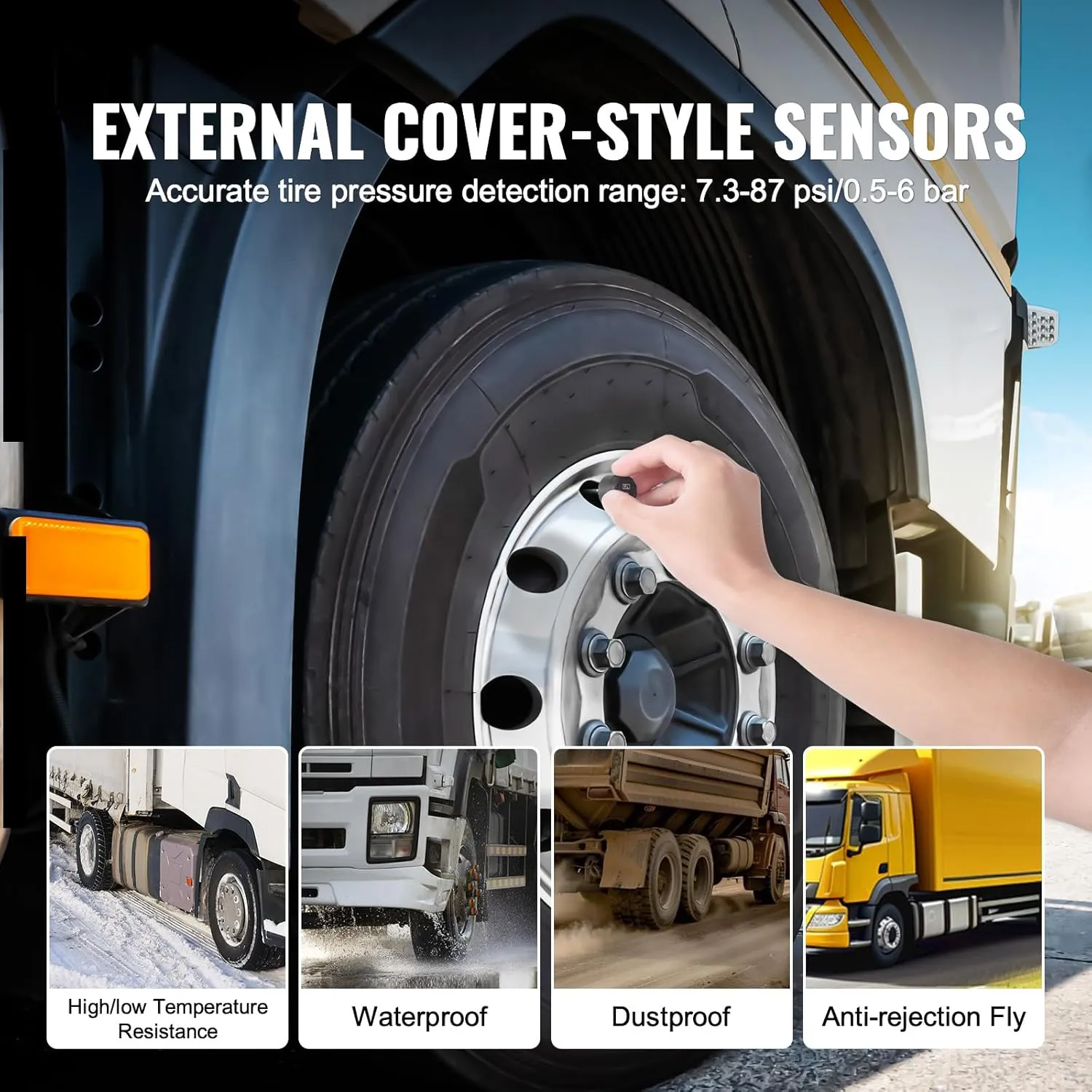 VEVOR RV Tire Pressure Monitoring System, 7.3-116 PSI Trailer TPMS 6 Tire with 6 Sensors, 5 Alarm Modes, Waterproof TPMS Sensors Set Solar Charge, and Real-time Display, Signal Booster