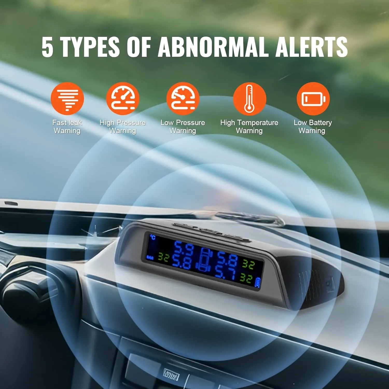VEVOR RV Tire Pressure Monitoring System, 7.3-116 PSI Trailer TPMS 6 Tire with 6 Sensors, 5 Alarm Modes, Waterproof TPMS Sensors Set Solar Charge, and Real-time Display, Signal Booster