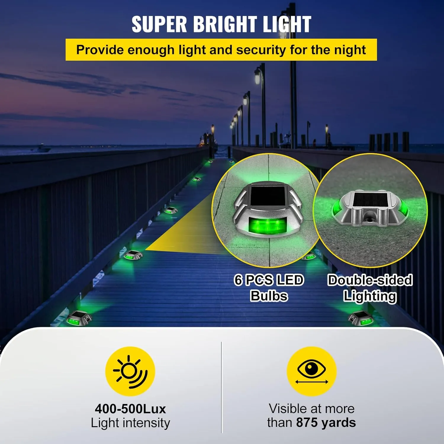 Vevor Solar Driveway Lights, 4-Pack With Switch Button, Waterproof Deck Lights, Wireless Dock 6 LEDs for Path Warning Garden Walkway Sidewalk Steps, LED Bright Green