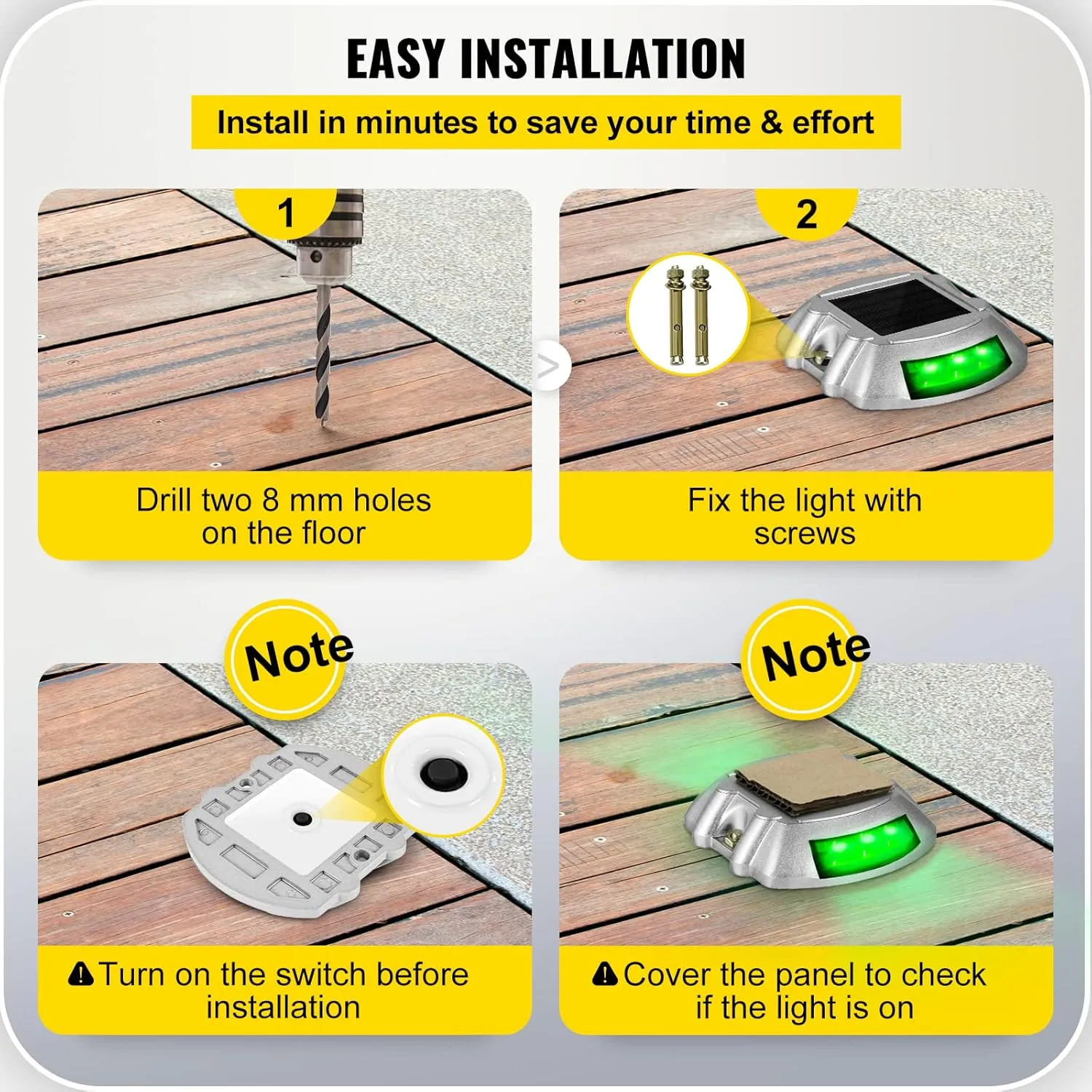 Vevor Solar Driveway Lights, 4-Pack With Switch Button, Waterproof Deck Lights, Wireless Dock 6 LEDs for Path Warning Garden Walkway Sidewalk Steps, LED Bright Green