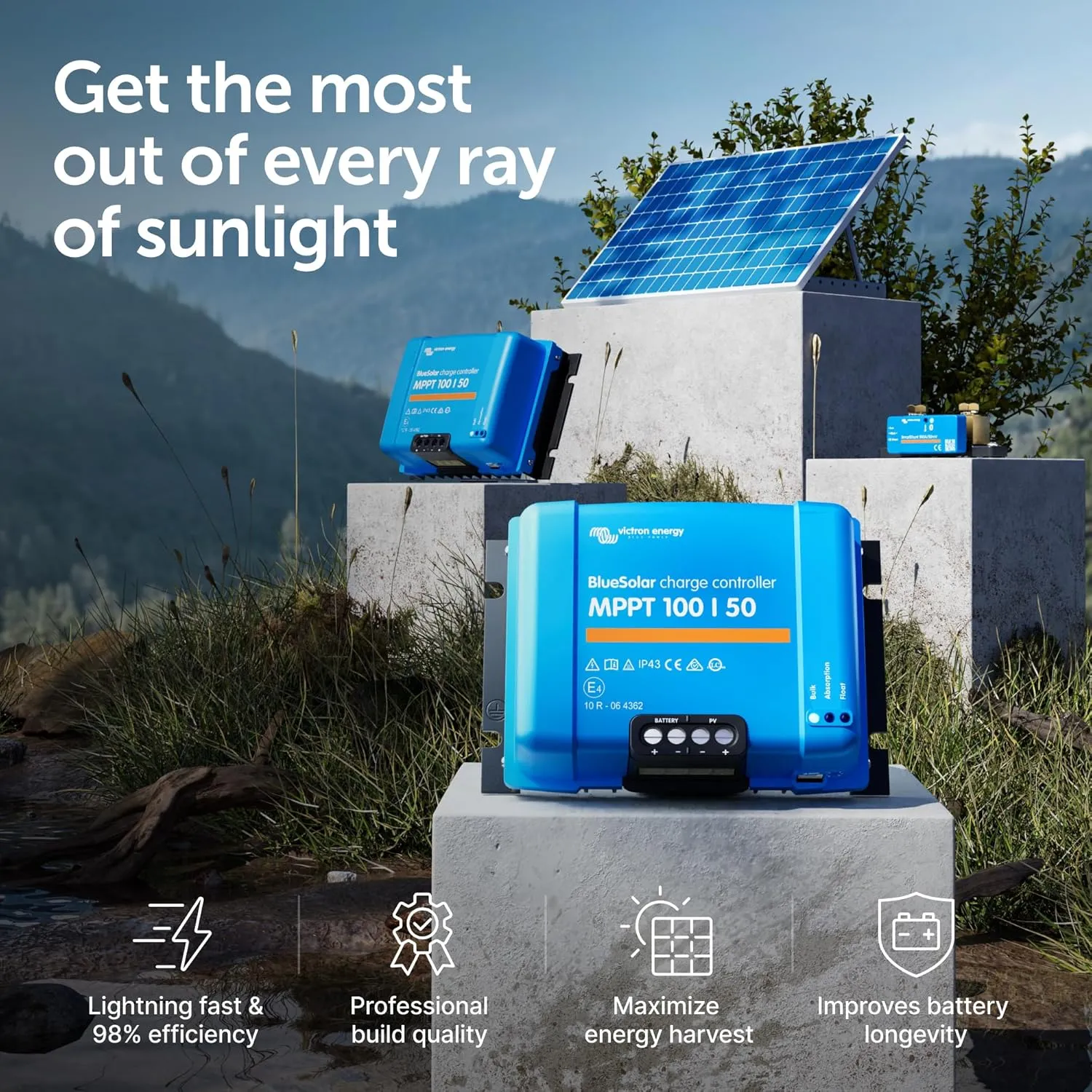 Victron Energy BlueSolar MPPT Solar Charge Controller - Charge Controllers for Solar Panels - 100V, 50 amp, 12/24-Volt