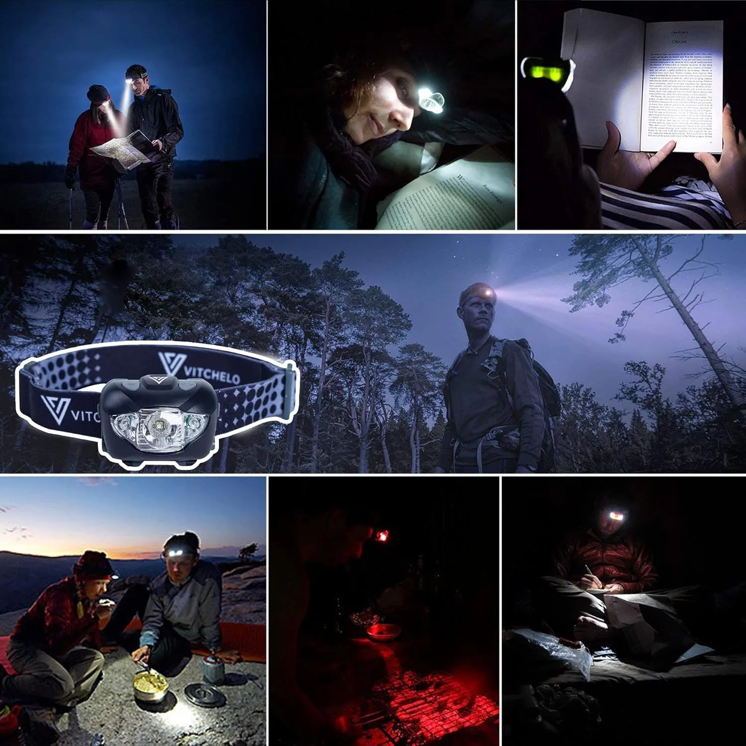 Vitchelo LED Headlamp Camping Light, Super Bright Waterproof Adjustable Head Light for Forehead, 6 Light Modes, 3 AAA Batteries Included, Red & White Flashlight (Black Upgraded)