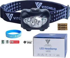 Vitchelo LED Headlamp Camping Light, Super Bright Waterproof Adjustable Head Light for Forehead, 6 Light Modes, 3 AAA Batteries Included, Red & White Flashlight (Black Upgraded)