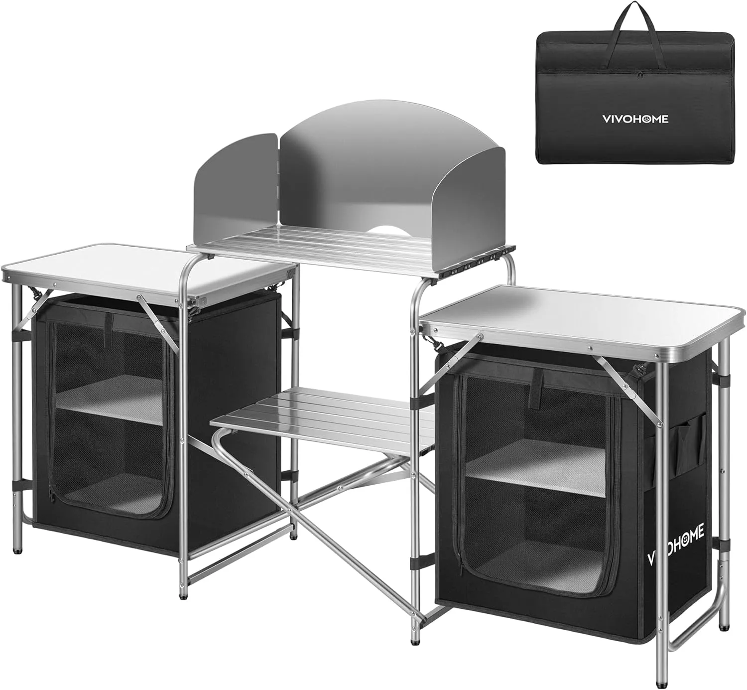 VIVOHOME Folding Camping Kitchen Table with Storage Organizer, 2 Side Tables, Stainless Steel Windscreen, Outdoor Portable Cook Station for BBQ, Picnics