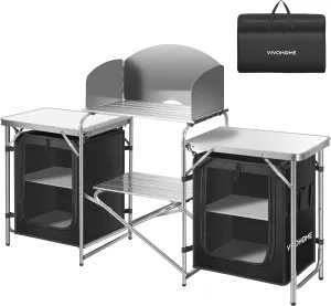 VIVOHOME Folding Camping Kitchen Table with Storage Organizer, 2 Side Tables, Stainless Steel Windscreen, Outdoor Portable Cook Station for BBQ, Picnics
