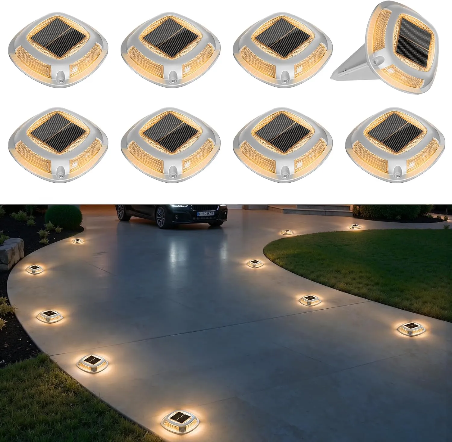 VOLISUN Solar Driveway Lights 8 Pack Waterproof Dock & Deck Marker Lights,2-in-1 Warm White & White LED,IP67 Wireless Outdoor Solar Light for Driveways,Sidewalks,Pathways,and Yards