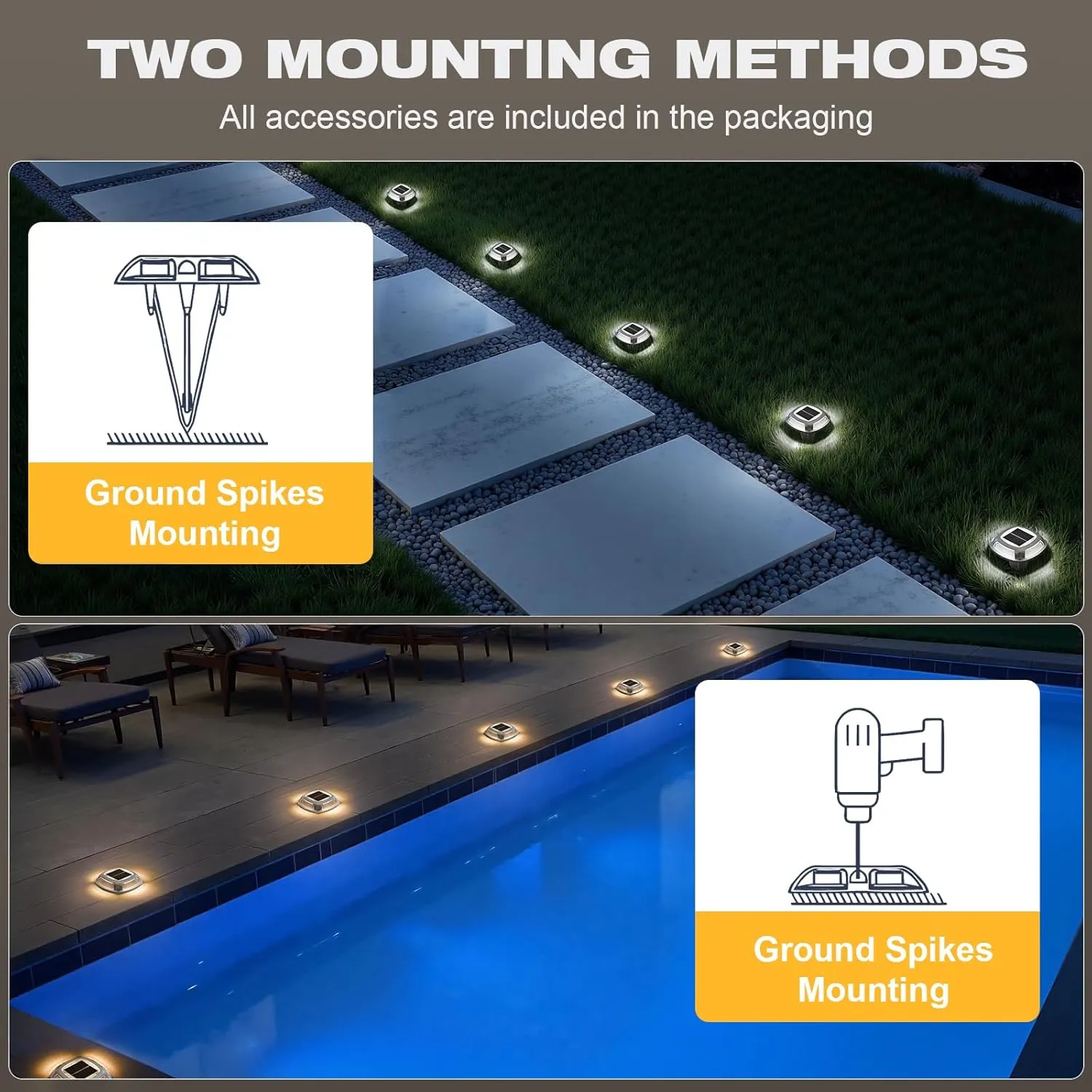 VOLISUN Solar Driveway Lights 8 Pack Waterproof Dock & Deck Marker Lights,2-in-1 Warm White & White LED,IP67 Wireless Outdoor Solar Light for Driveways,Sidewalks,Pathways,and Yards